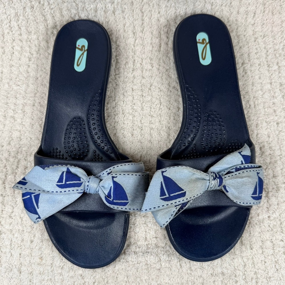 Oka-B Navy Blue Sailboat Bow Slide Sandals Womens Size ML Nautical Preppy